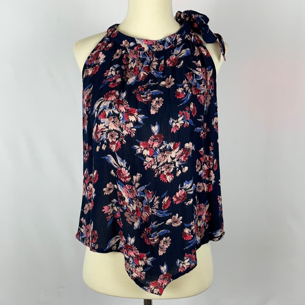 Hollister Navy Blue Handkerchief Floral Halter Blouse - Size Small